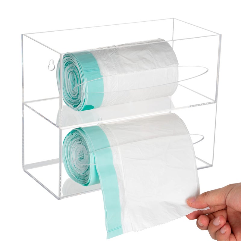SEANADO Trash Bag Dispenser Holder, 2 Compartment Wall Mount Acrylic Kitchen Double Side Loaded Organizer Storage Box Holder for Garbage Bag Grocery Bag Plastic Bag(10 x 4.7X 8inches) - Image 1